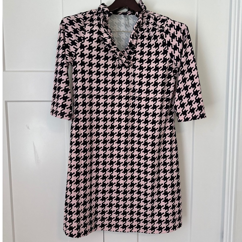 Lulu-B Pink Black Houndstooth Ruffle Neck 3/4 Sleeve Shift Dress Medium